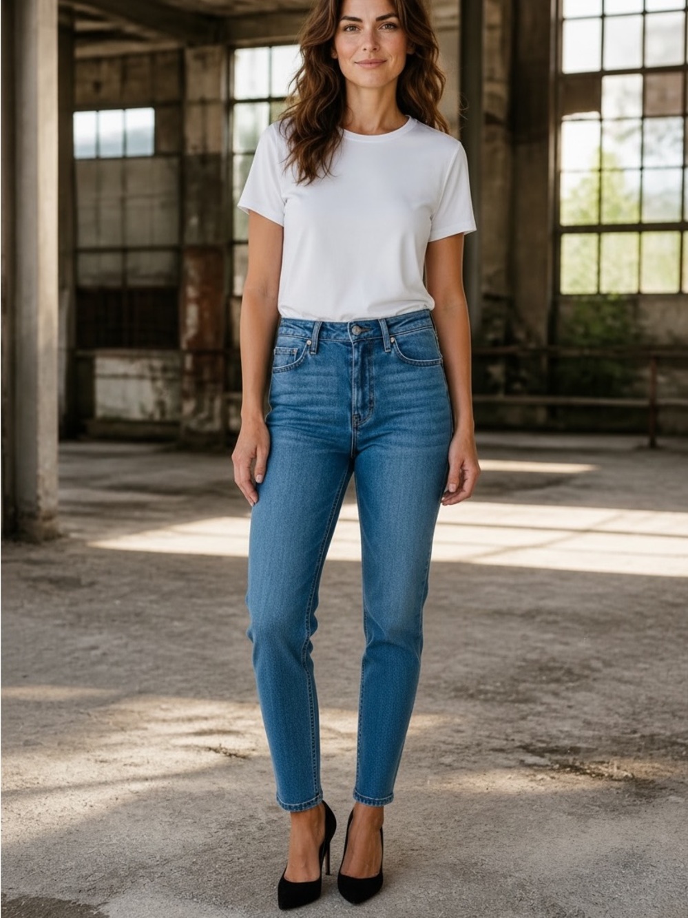 MOTHER High-Rise Slim Jeans in Medium Blue Wash FITTED STRAIGHT LEG